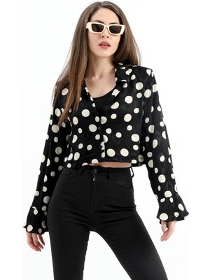 Isawella Omuzları Vatkalı Kolları Volanlı Puantiyeli Saten Gömlek - Siyah-Ekru