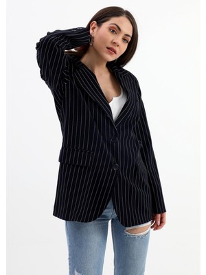 Isawella Blazer Ceket Çizgili Atlas Kumaş - Koyu Lacivert