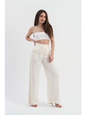 Isawella Yüksek Bel Bol Paça Keten Pantolon - Ekru