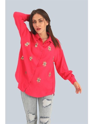 Isawella Gömlek Keten Göz Nakışlı - Fuşya