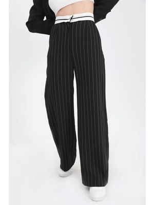 Isawella Pantolon Palazzo Garni Kemerli Geniş Çizgili - Siyah