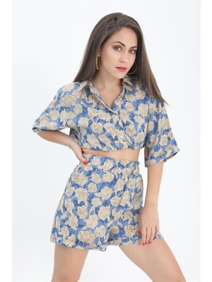 Isawella Şort Baskılı Duble Katlamalı Lastikli - Mavi