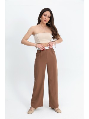 Isawella Pantolon Palazzo Garni Kemerli Atlas Kumaş - Taba