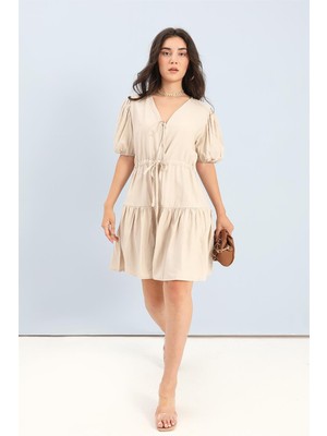 Isawella Elbise Balon Kol Beli Büzgülü - Taş