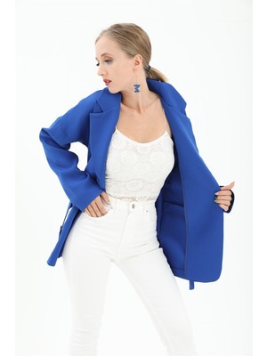 Isawella Düşük Omuz Kemerli Atlas Kumaş Blazer Ceket - Saksmavisi