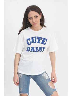 Isawella T-Shirt Kabartma Baskı Bisiklet Yaka - Mavi