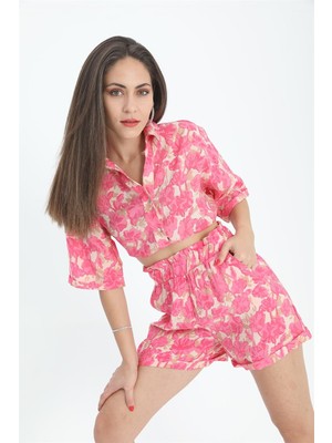 Isawella Şort Baskılı Duble Katlamalı Lastikli - Fuşya