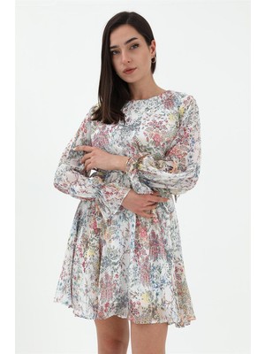 Isawella Çiçek Desenli Bel Dekolte Elbise - Beyaz