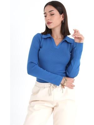 Isawella Uzun Kol Polo Yaka Triko - Mavi