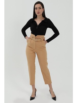 Isawella Kemerli Atlas Kumaş Pantolon - Açık Kahve