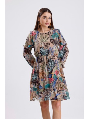 Isawella Kolları Fırfırlı Desenli Şifon Elbise - Vizon
