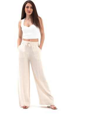Isawella Beli Lastikli Cepli Müslin Keten Pantolon - Taş