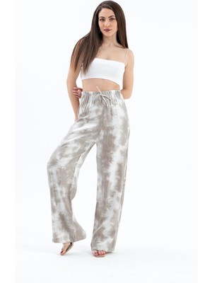 Isawella Beli Lastikli Batik Desen Parlak Kumaş Pantolon - Bej