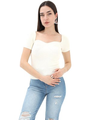 Isawella Prenses Yaka Kısa Kollu Triko  Kazak - Ekru