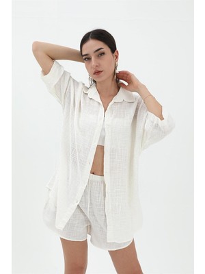Isawella Pamuk Keten Şort Gömlek Kadın Ikili Takım - Ekru