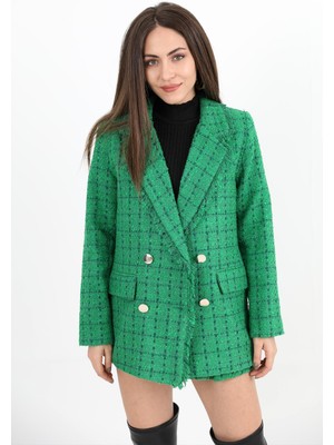 Isawella Yakası Püsküllü Düğmeli Tüvit Blazer Ceket - Yeşil