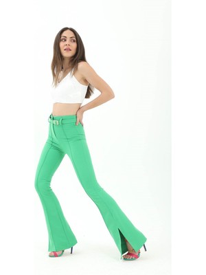 Isawella Kemerli Yanı Yırtmaçlı Ispanyol Paça Atlas Kumaş Pantolon - Yeşil