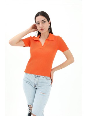 Isawella Polo Yakalı Kısa Kol Triko Kazak - Turuncu
