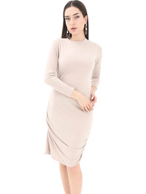 Isawella Bisiklet Yaka Yanı Büzgülü Elbise - Bej