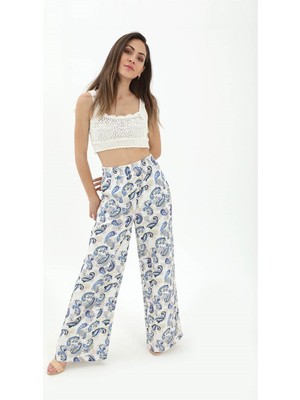 Isawella Bol Paça Renkli Baskı Keten Pantolon - Mavi