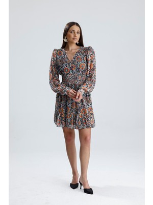 Isawella Beli Lastikli Desenli Şifon Elbise - Turuncu