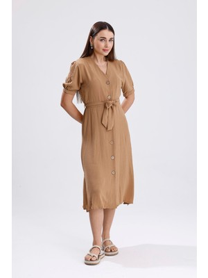 Isawella Beli Kuşaklı Uzun Aerobin Elbise - Vizon