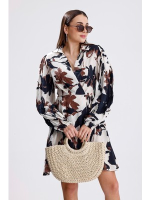 Isawella Önü Bağlamalı Kruvaze Yaka Baskılı Elbise - Kahve