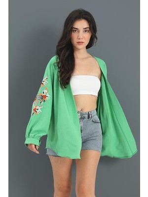 Isawella Kimono Reglan Kol Nakışlı Keten - Yeşil