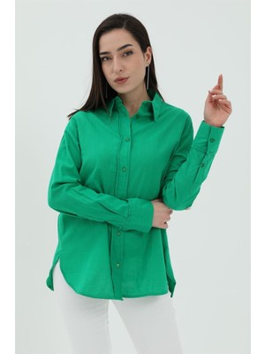 Isawella Uzun Kol Oversize Basic Gömlek - Yeşil