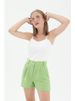 Isawella Yüksek Bel Önü Pileli Arka Beli Lastikli Keten Şort - Yeşil