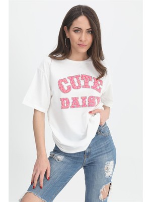 Isawella T-Shirt Kabartma Baskı Bisiklet Yaka - Pembe