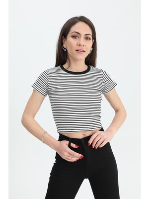 Isawella Bluz Bisiklet Yaka Çizgili Kaşkorse - Ekru
