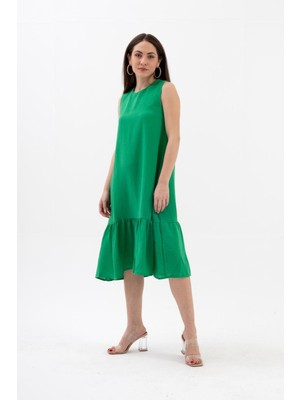 Isawella Kristal Keten Kolsuz Kadın Salaş Elbise - Yeşil