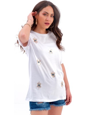 Isawella Göz Nakışlı Süprem Tişört - Ekru