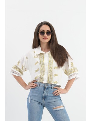 Isawella Antik Desenli Kolları Püsküllü Gömlek - Haki