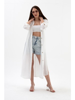 Isawella Truvakar Kol Önü Düğmeli Cepli Keten Elbise - Ekru