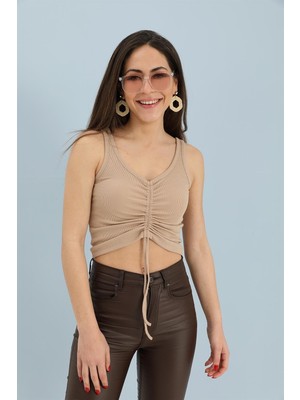 Isawella Atlet Önü Büzgülü Crop - Bej