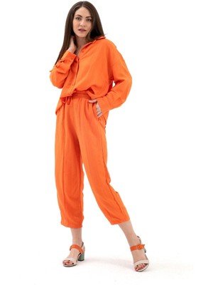 Isawella Krinkıl Kumaş Keten Ikili Takım - Oranj