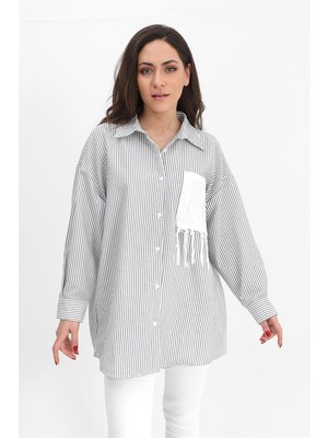 Isawella Gömlek Cebi Nakış Püsküllü Gofre - Siyah