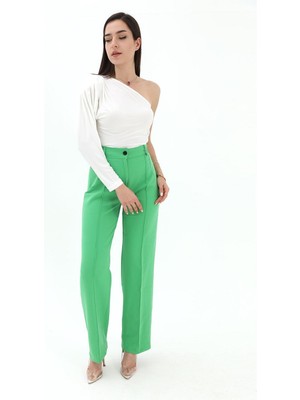 Isawella Önü Çimalı Atlas Kumaş Pantolon - Yeşil