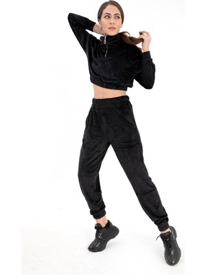 Isawella Önü Fermuarlı Kadife Eşofman Takım - Siyah