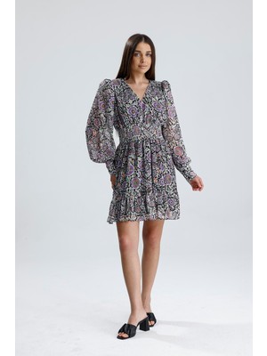 Isawella Beli Lastikli Desenli Şifon Elbise - Lila