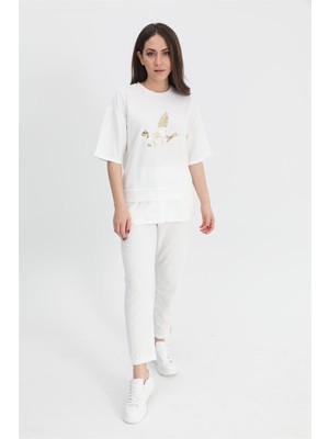 Isawella Takım Eteği Çimalı Kuş Baskılı Beli Lastikli T-Shirt Pantolon - Ekru