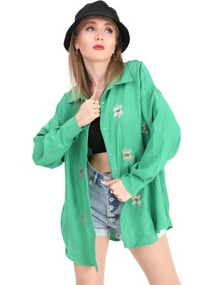 Isawella Gömlek Keten Göz Nakışlı - Yeşil