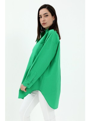 Isawella Tek Cepli Kolları Katlı Oversize Kalın Keten Gömlek - Yeşil