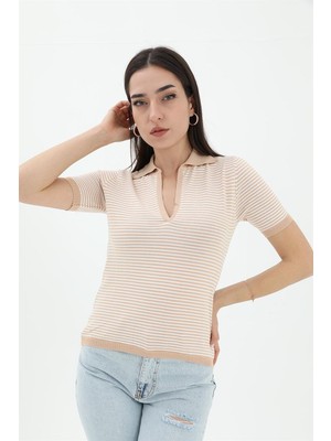 Isawella Ince Çizgili Polo Yaka Triko Kazak - Camel