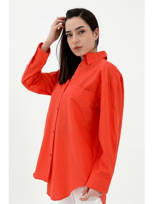Isawella Tek Cepli Kolları Katlı Oversize Kalın Keten Gömlek - Turuncu