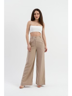 Isawella Yüksek Bel Bol Paça Keten Pantolon - Vizon