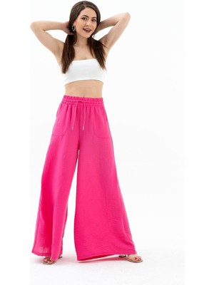 Isawella Geniş Kemerli Bol Paça Düz Keten Kadın Pantolon - Fuşya
