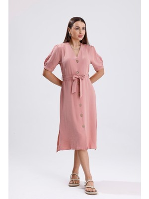 Isawella Beli Kuşaklı Uzun Aerobin Elbise - Pudra